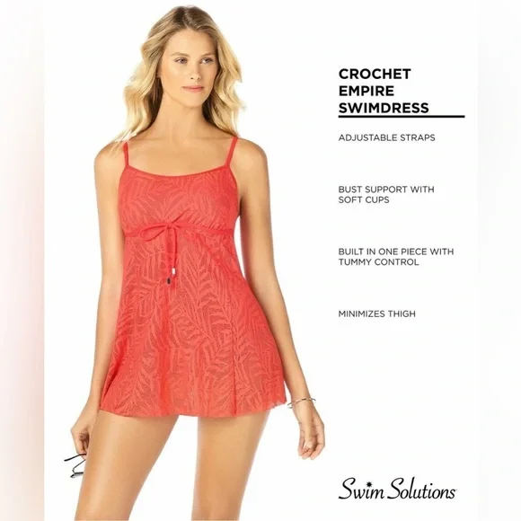 Swim Solutions Crochet Empire Tummy Control Swimdress One Piece Swimsuit - Picture 3 of 9
